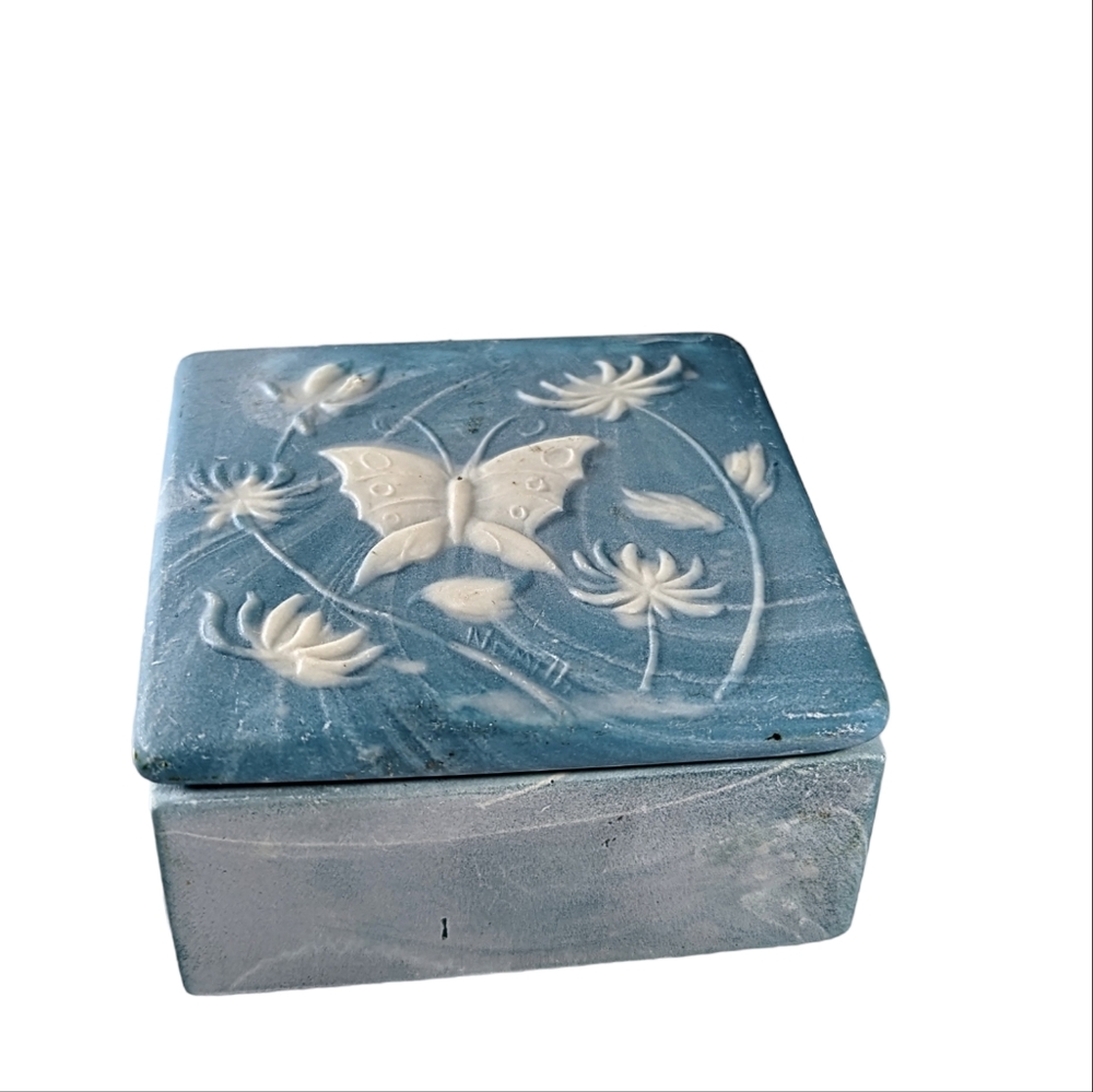 Vintage Robert Nemith Incolay Blue Square butterfly Trinket Jewelry  Box